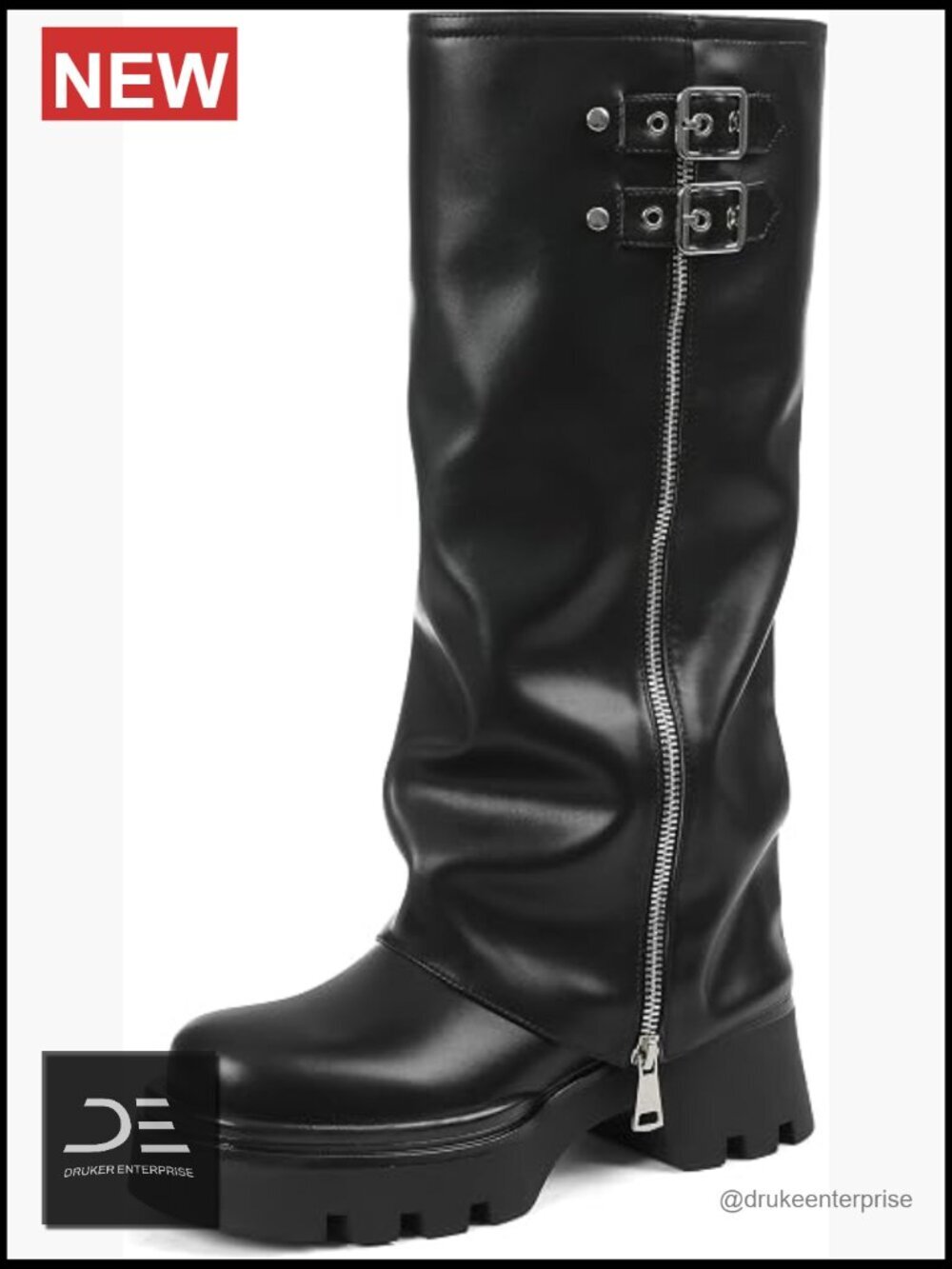 Faux Leather Foldover Knee High Platform Chunky Heel Boots Size M 7-10